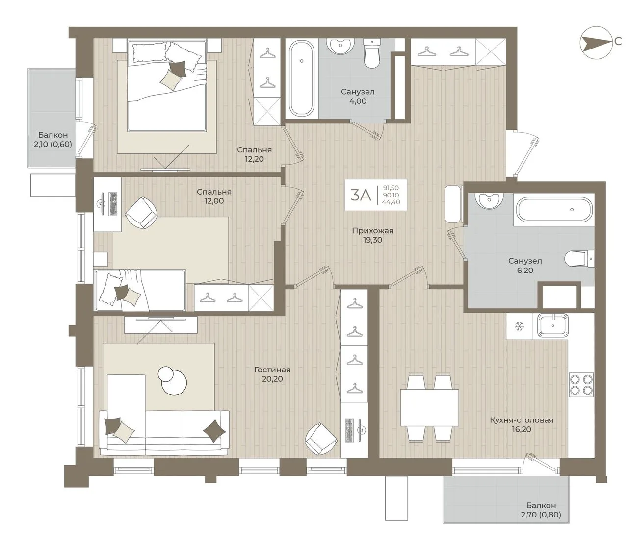 3-комнатная квартира, 91,5 м², 5/15 эт. в ЖК «АГАТ»