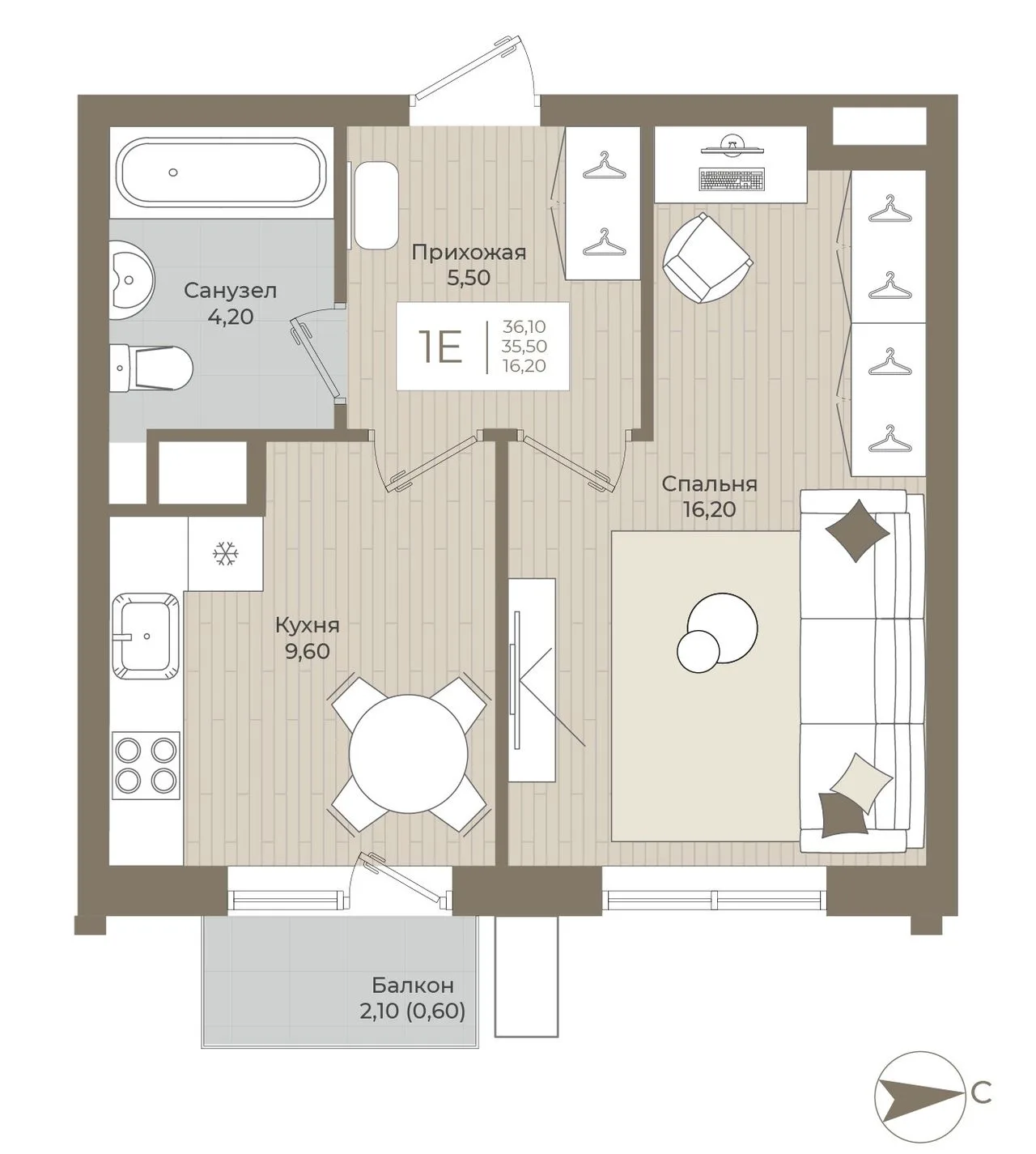1-комнатная квартира, 36,1 м², 4/15 эт. в ЖК «АГАТ»