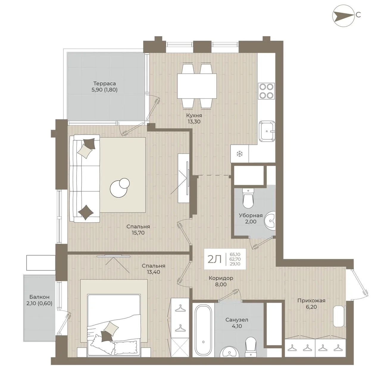 2-комнатная квартира, 65,1 м², 13/15 эт. в ЖК «АГАТ»