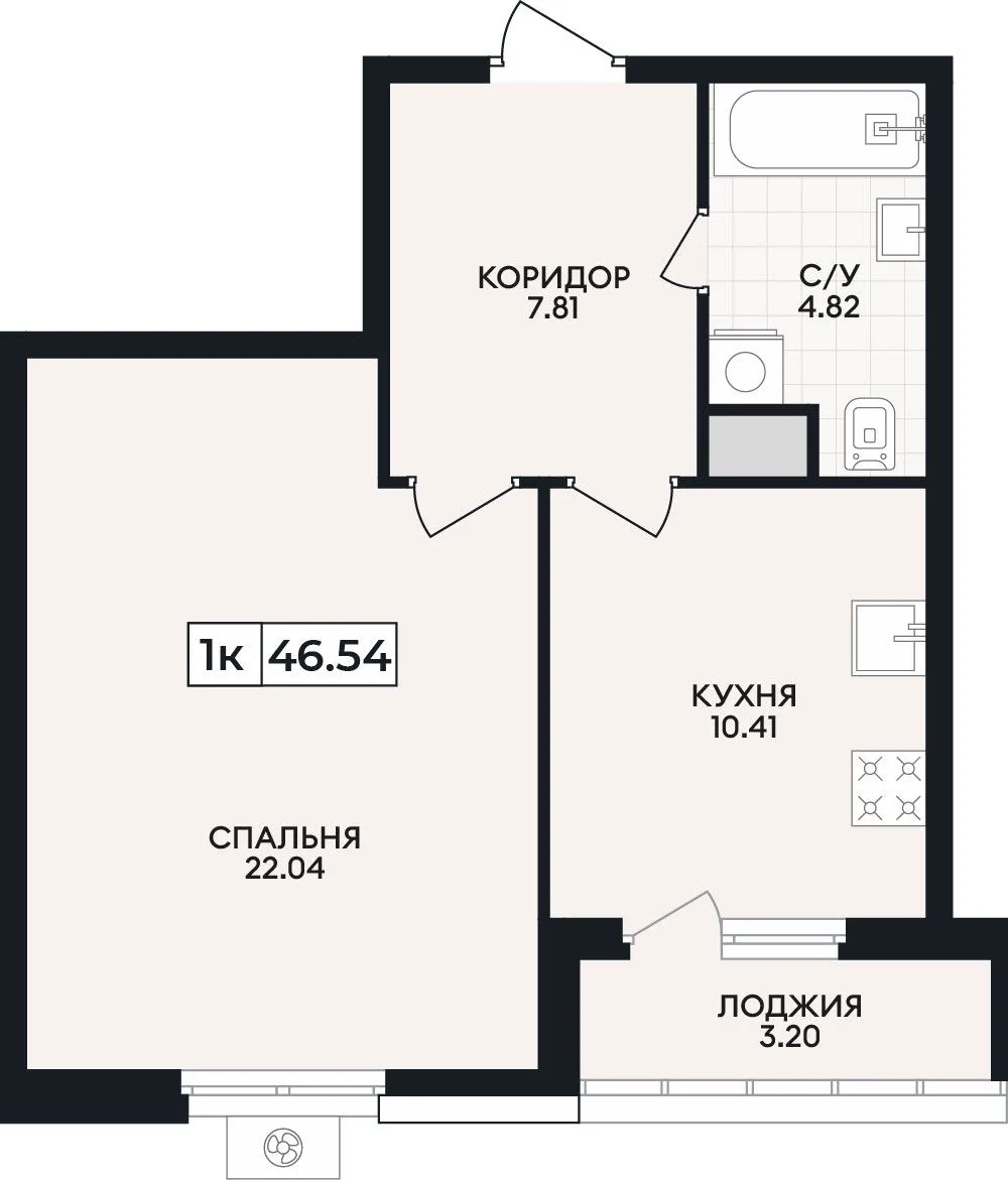 1-комнатная квартира, 46,54 м², 3/15 эт. в ЖК «Кипарис»