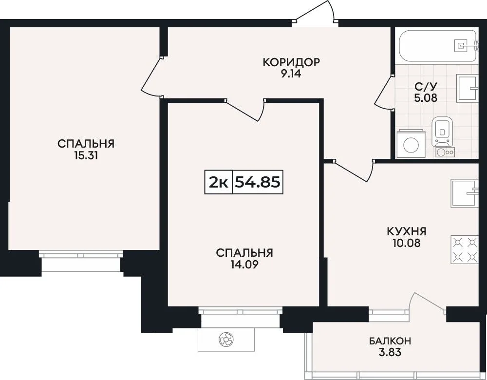 2-комнатная квартира, 54,85 м², 3/8 эт. в ЖК «Нахимов»