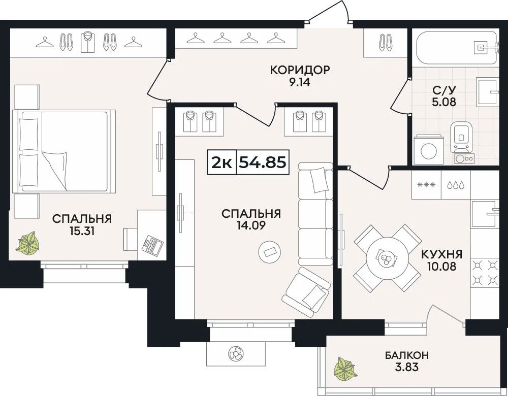 2-комнатная квартира, 54,85 м², 3/8 эт. в ЖК «Нахимов»
