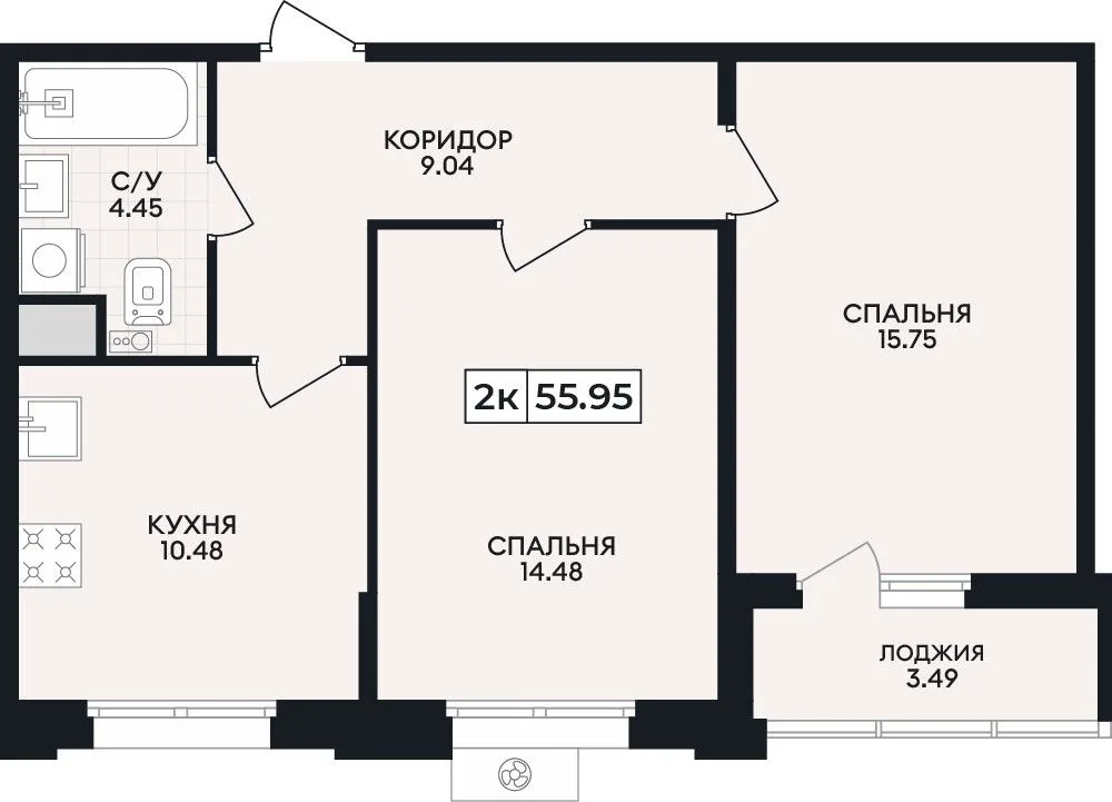 2-комнатная квартира, 55,95 м², 4/8 эт. в ЖК «Нахимов»