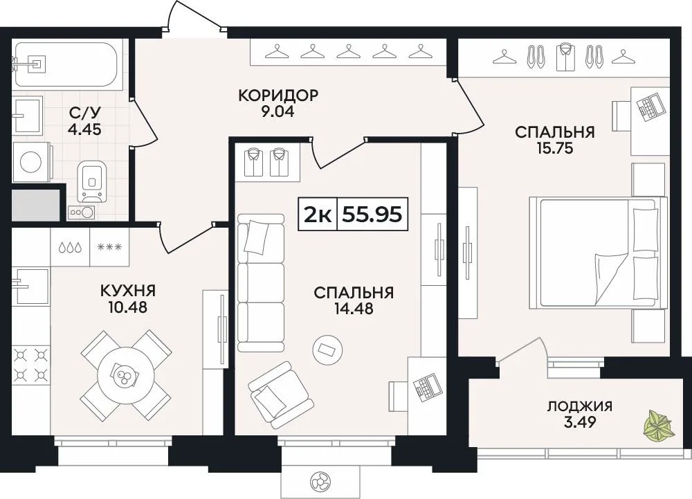 2-комнатная квартира, 55,95 м², 4/8 эт. в ЖК «Нахимов»