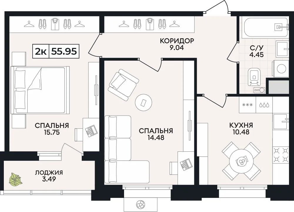 2-комнатная квартира, 55,95 м², 5/8 эт. в ЖК «Нахимов»