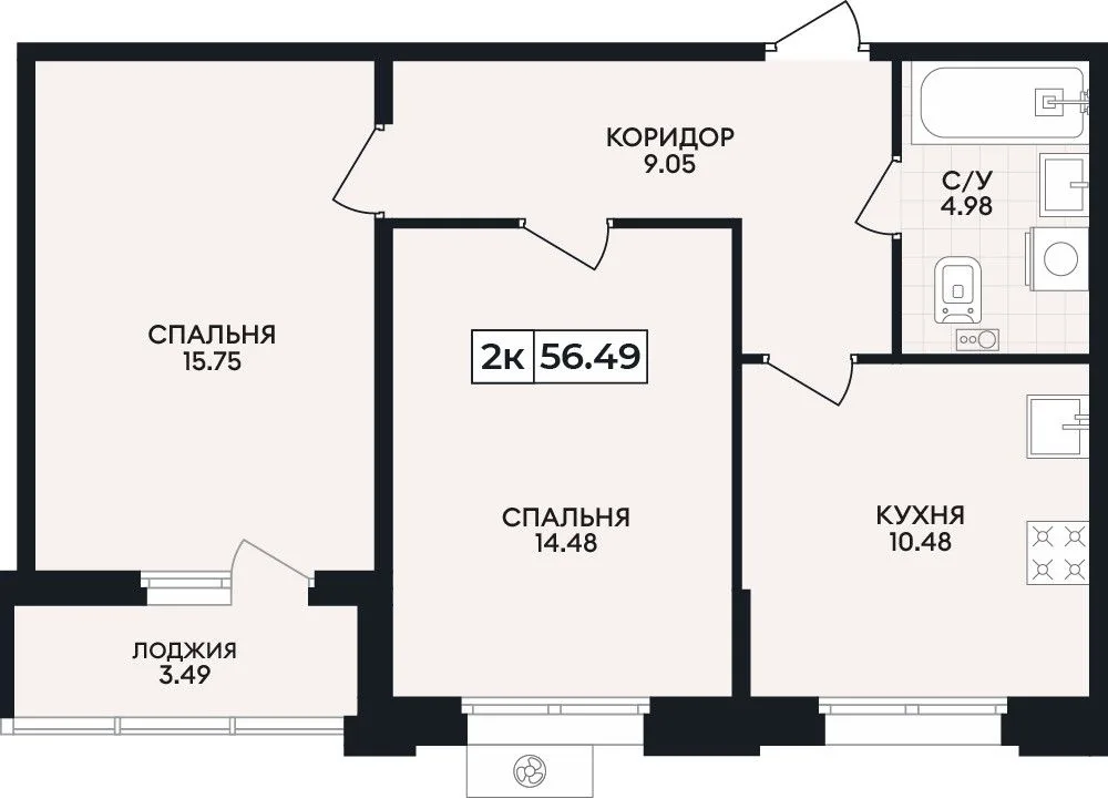 2-комнатная квартира, 56,49 м², 2/8 эт. в ЖК «Нахимов»