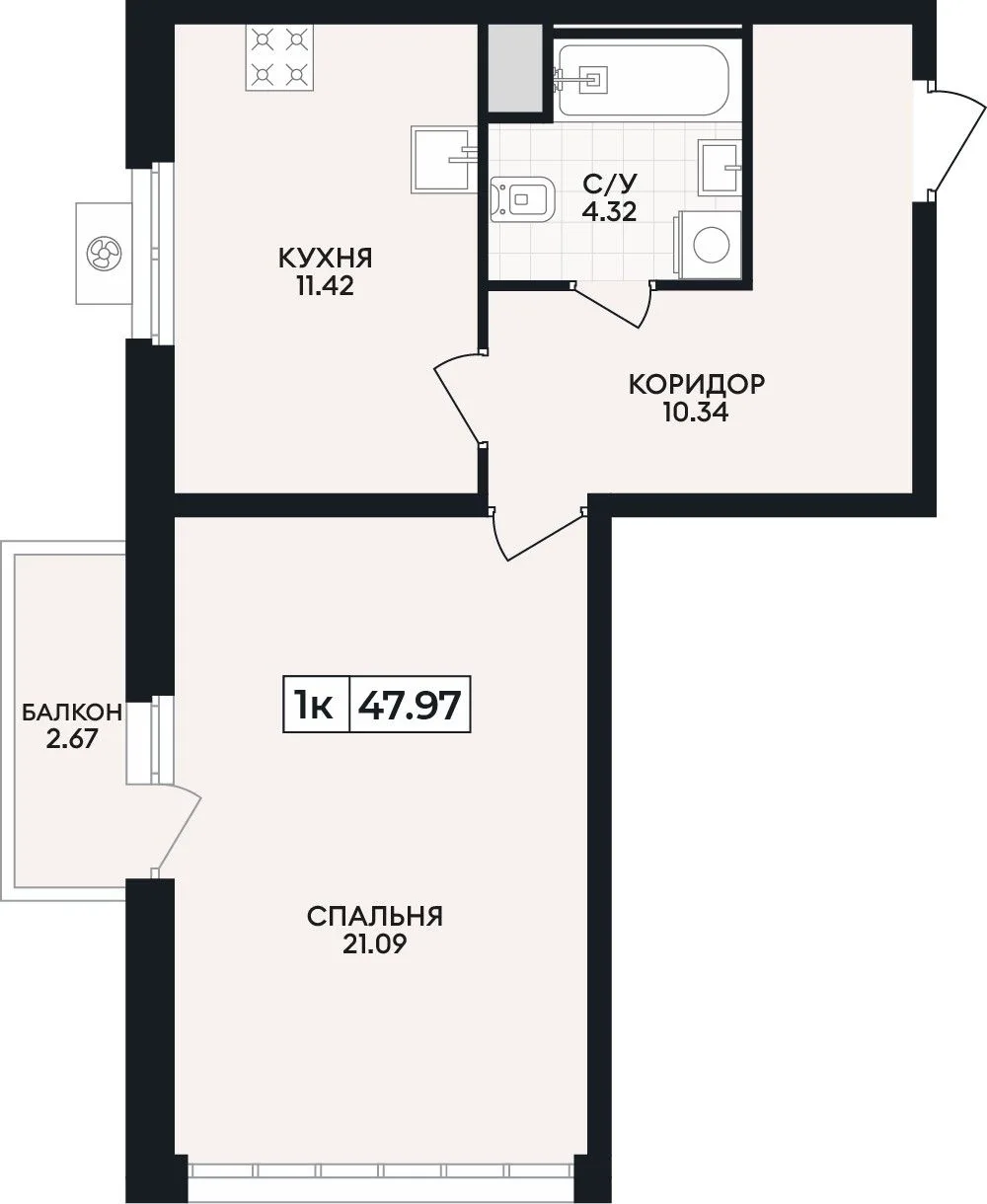 1-комнатная квартира, 47,97 м², 6/15 эт. в ЖК «Кипарис»