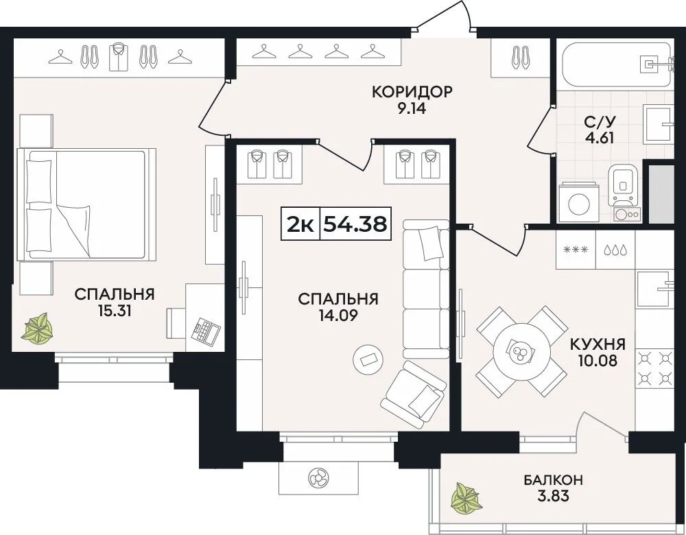 2-комнатная квартира, 54,38 м², 8/8 эт. в ЖК «Нахимов»