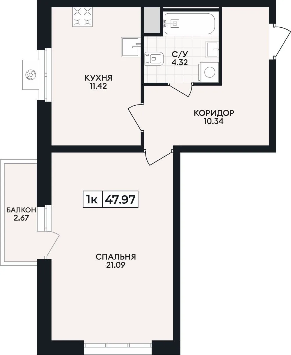 1-комнатная квартира, 47,97 м², 3/15 эт. в ЖК «Кипарис»