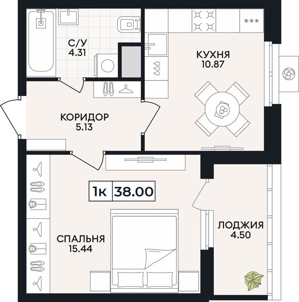 1-комнатная квартира, 38 м², 6/15 эт. в ЖК «Кипарис»