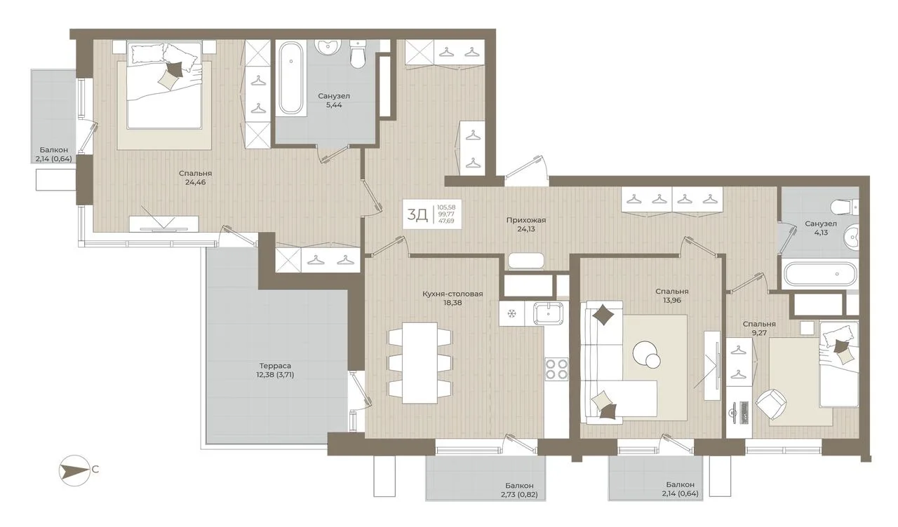 3-комнатная квартира, 105,58 м², 15/15 эт. в ЖК «АГАТ»
