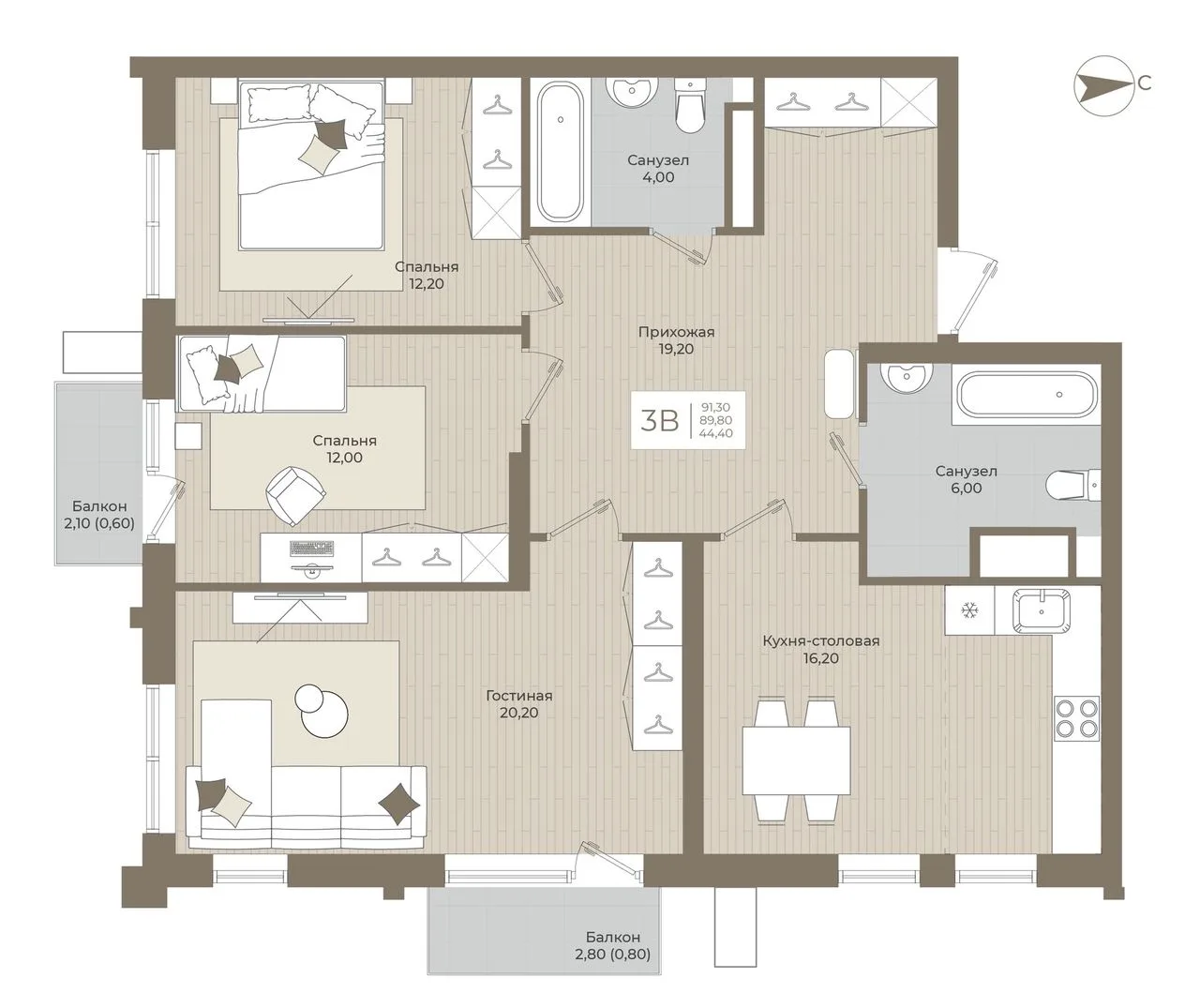 3-комнатная квартира, 91,3 м², 12/15 эт. в ЖК «АГАТ»