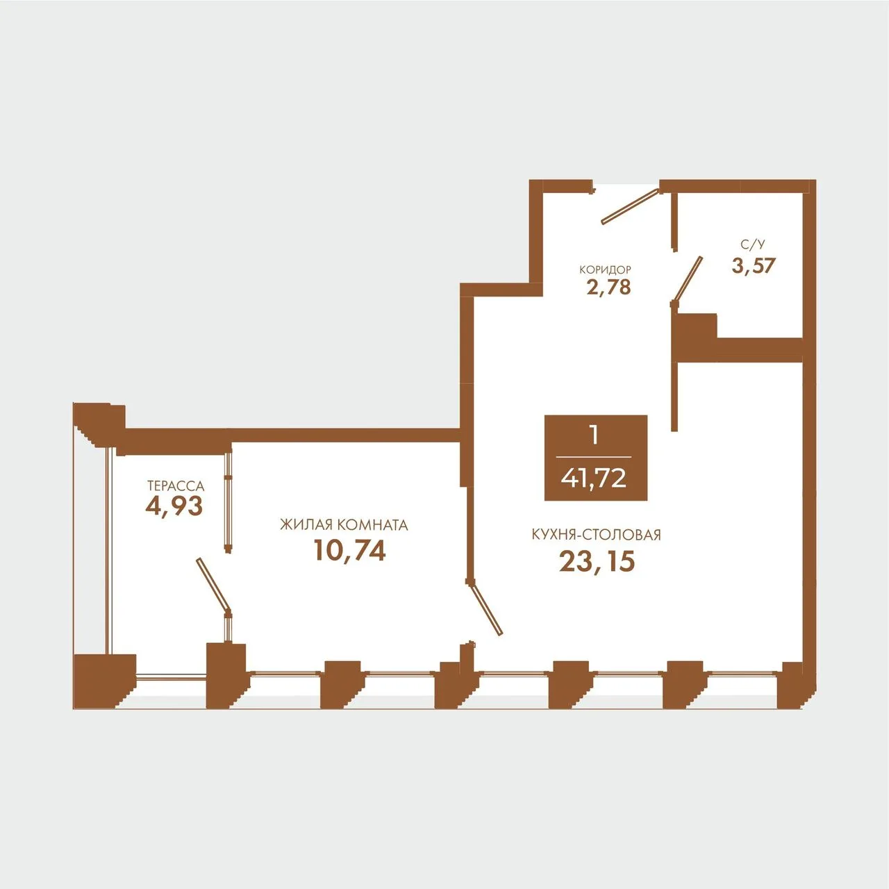 1-комнатная квартира, 41,72 м², 4/5 эт. в ЖК «Чувства»