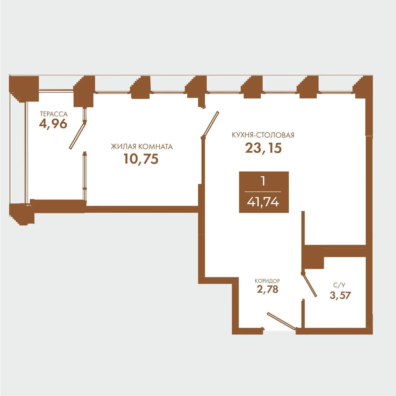1-комнатная квартира, 41,74 м², 3/5 эт. в ЖК «Чувства»