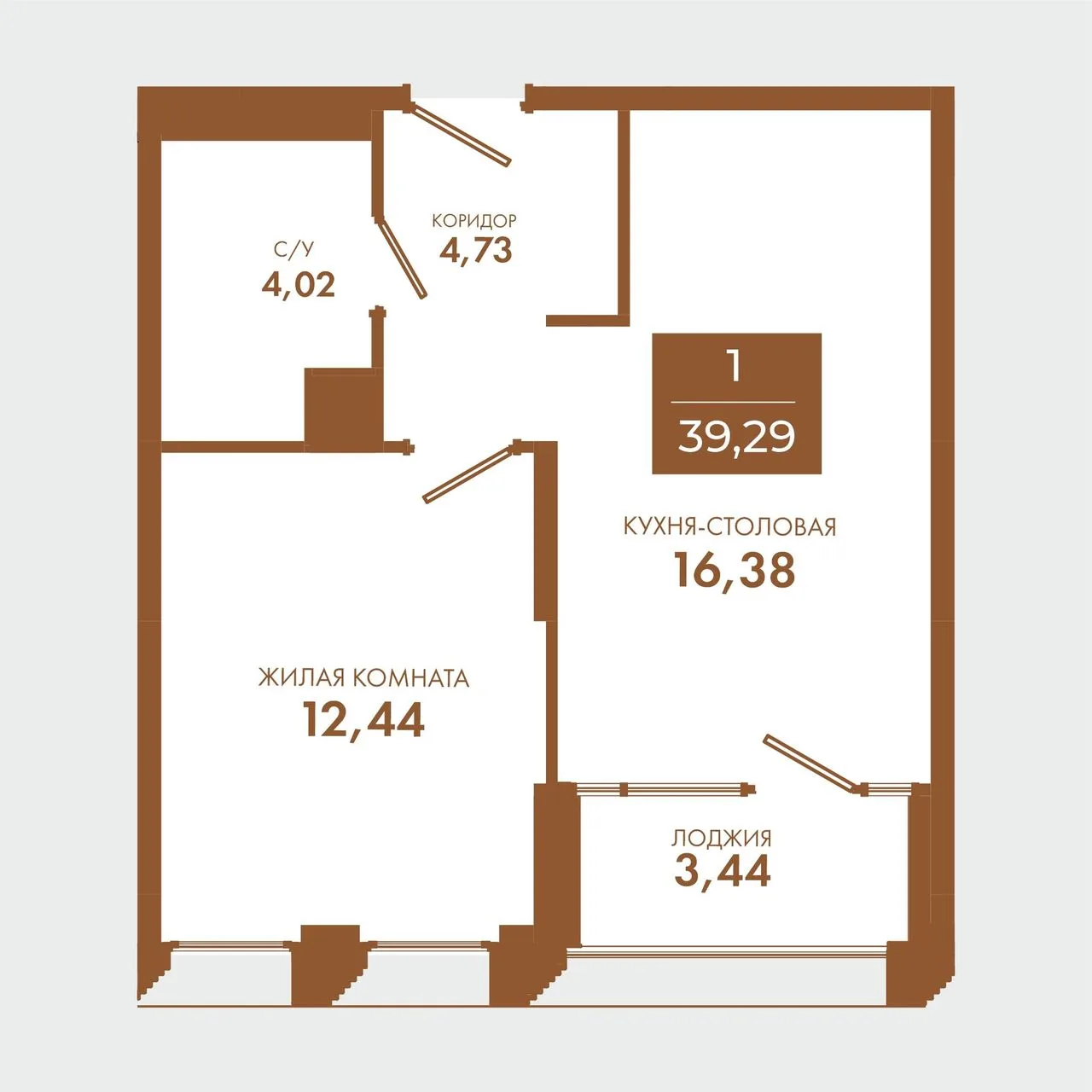 1-комнатная квартира, 39,29 м², 4/5 эт. в ЖК «Чувства»