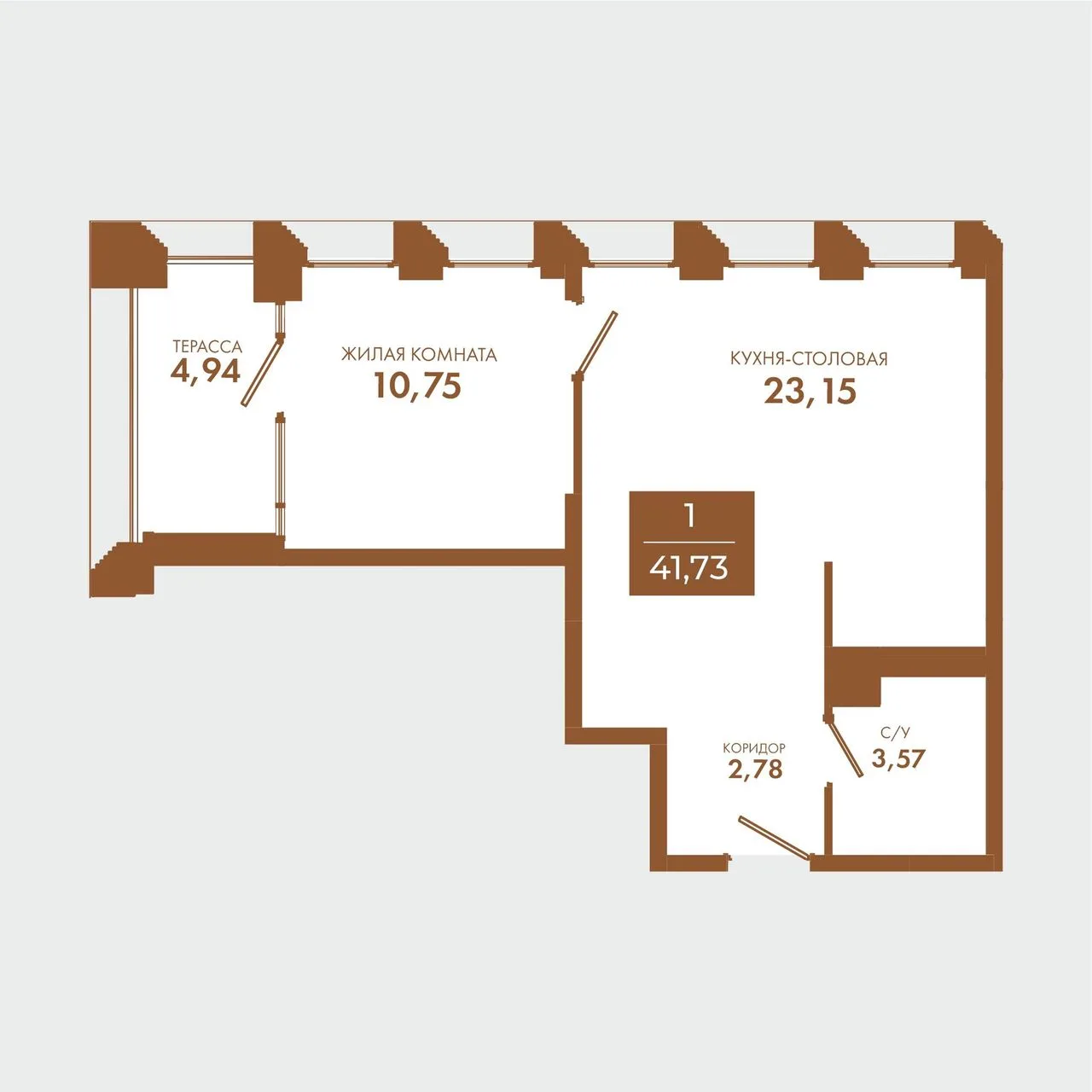 1-комнатная квартира, 41,73 м², 2/5 эт. в ЖК «Чувства»