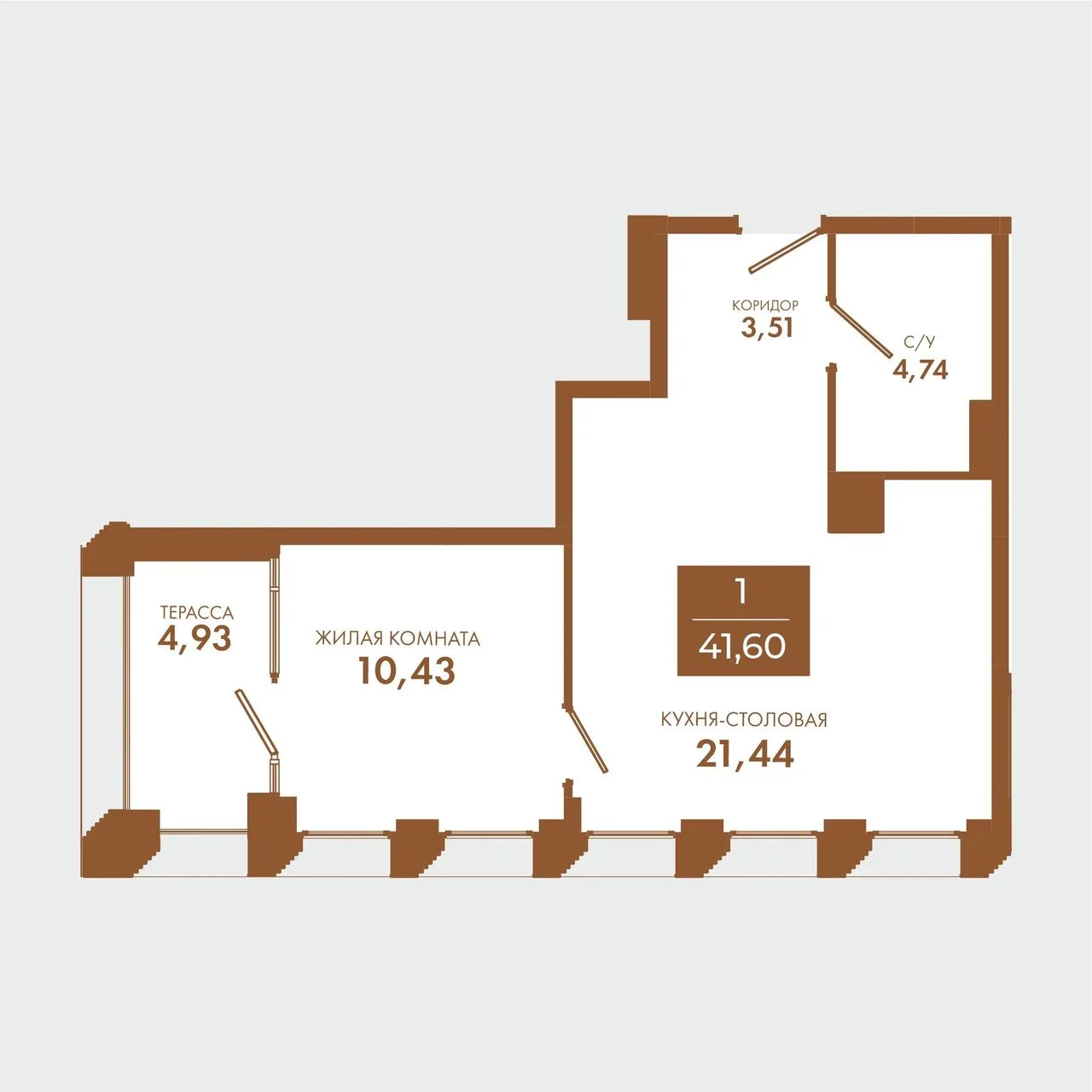 1-комнатная квартира, 41,6 м², 4/5 эт. в ЖК «Чувства»