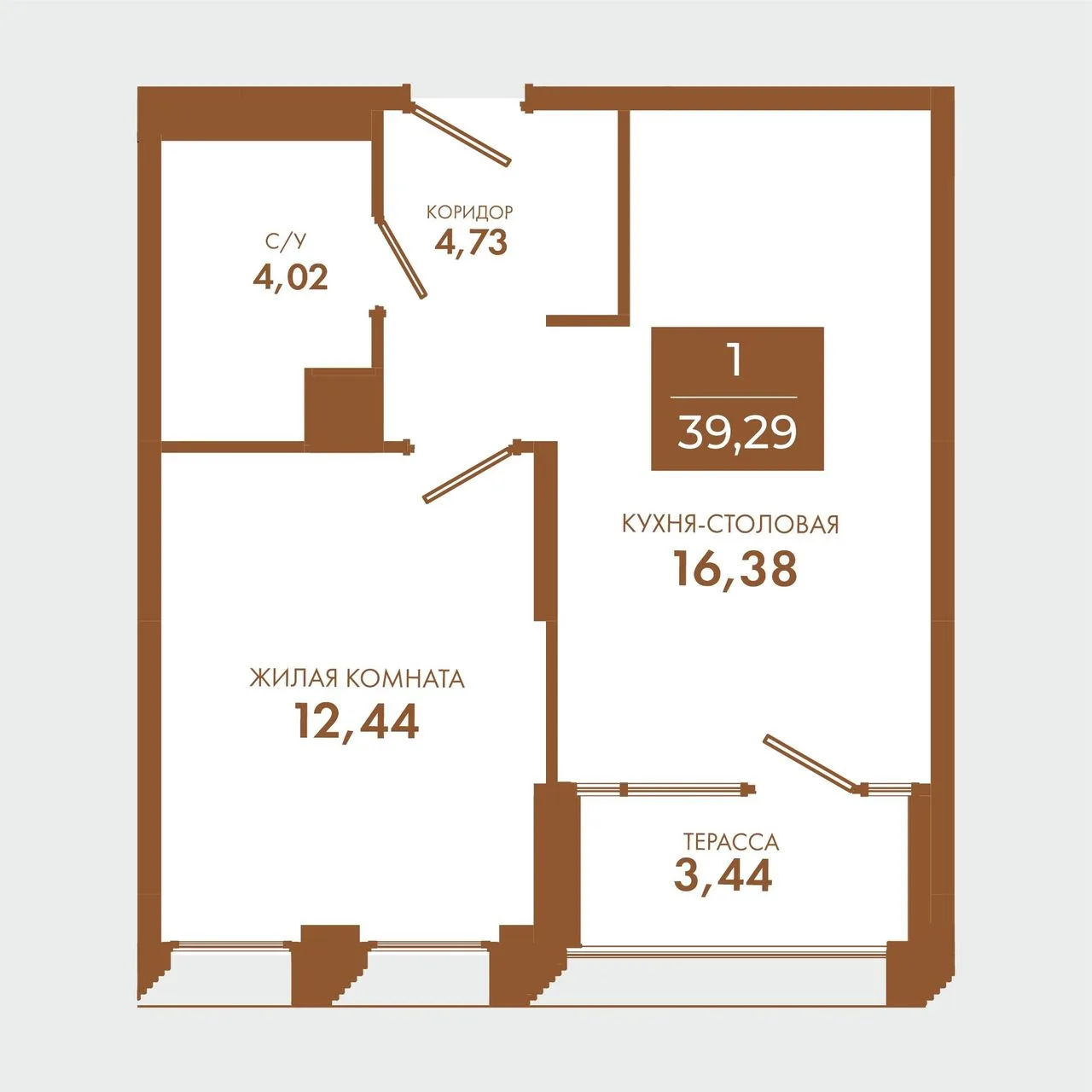 1-комнатная квартира, 39,29 м², 2/5 эт. в ЖК «Чувства»