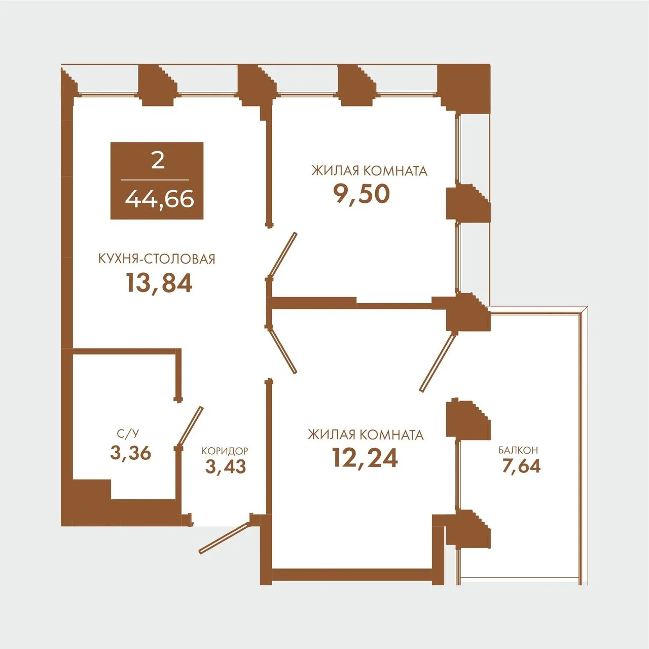 2-комнатная квартира, 44,66 м², 3/5 эт. в ЖК «Чувства»