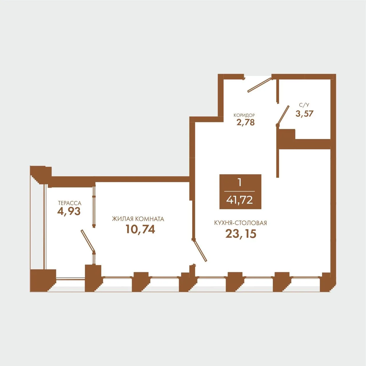 1-комнатная квартира, 41,72 м², 3/5 эт. в ЖК «Чувства»