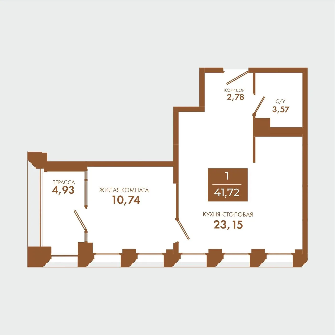 1-комнатная квартира, 41,72 м², 2/5 эт. в ЖК «Чувства»