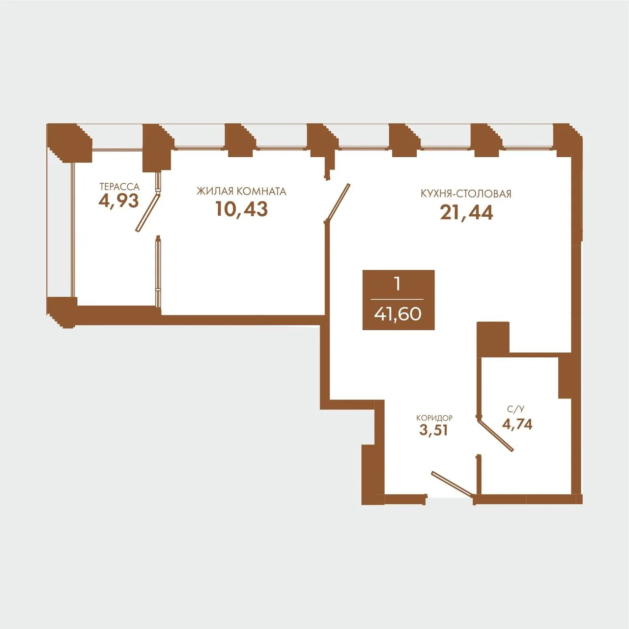 1-комнатная квартира, 41,6 м², 2/5 эт. в ЖК «Чувства»