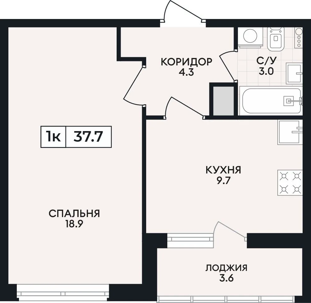 1-комнатная квартира, 37,7 м², 3/9 эт. в ЖК «Горизонт»
