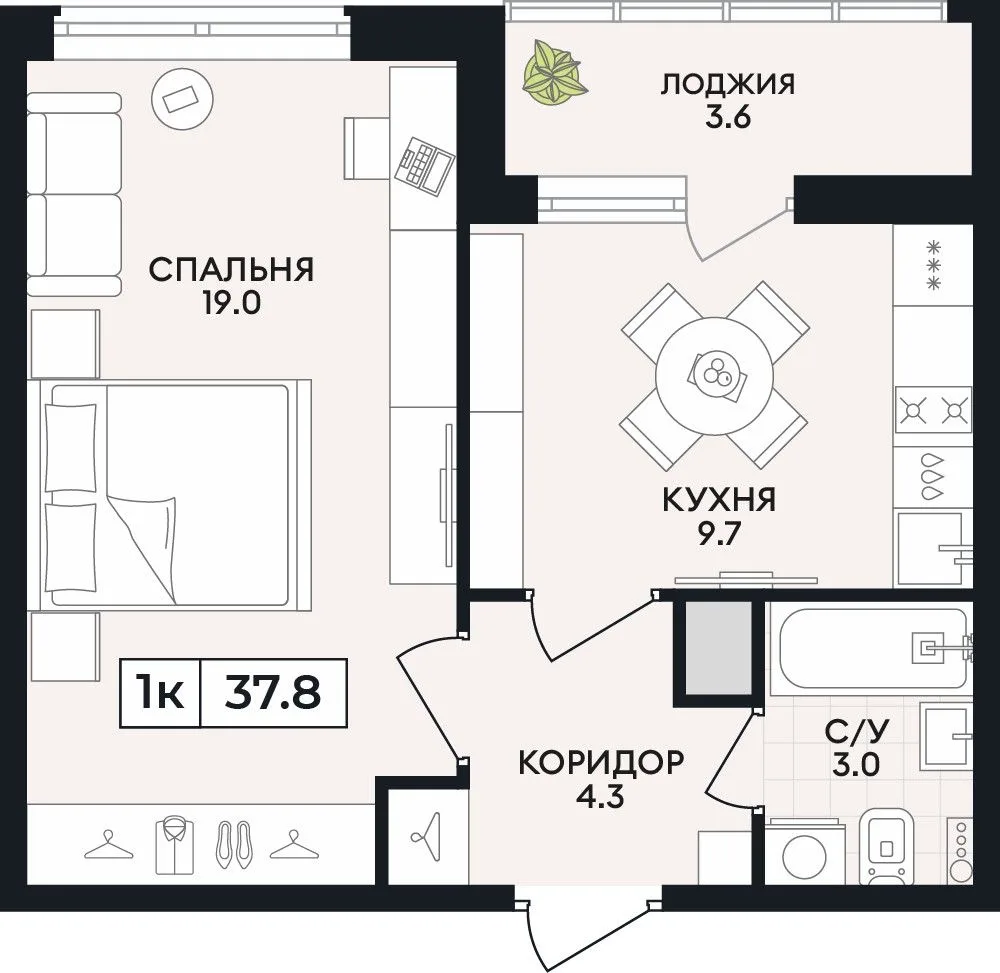 1-комнатная квартира, 37,8 м², 7/9 эт. в ЖК «Горизонт»