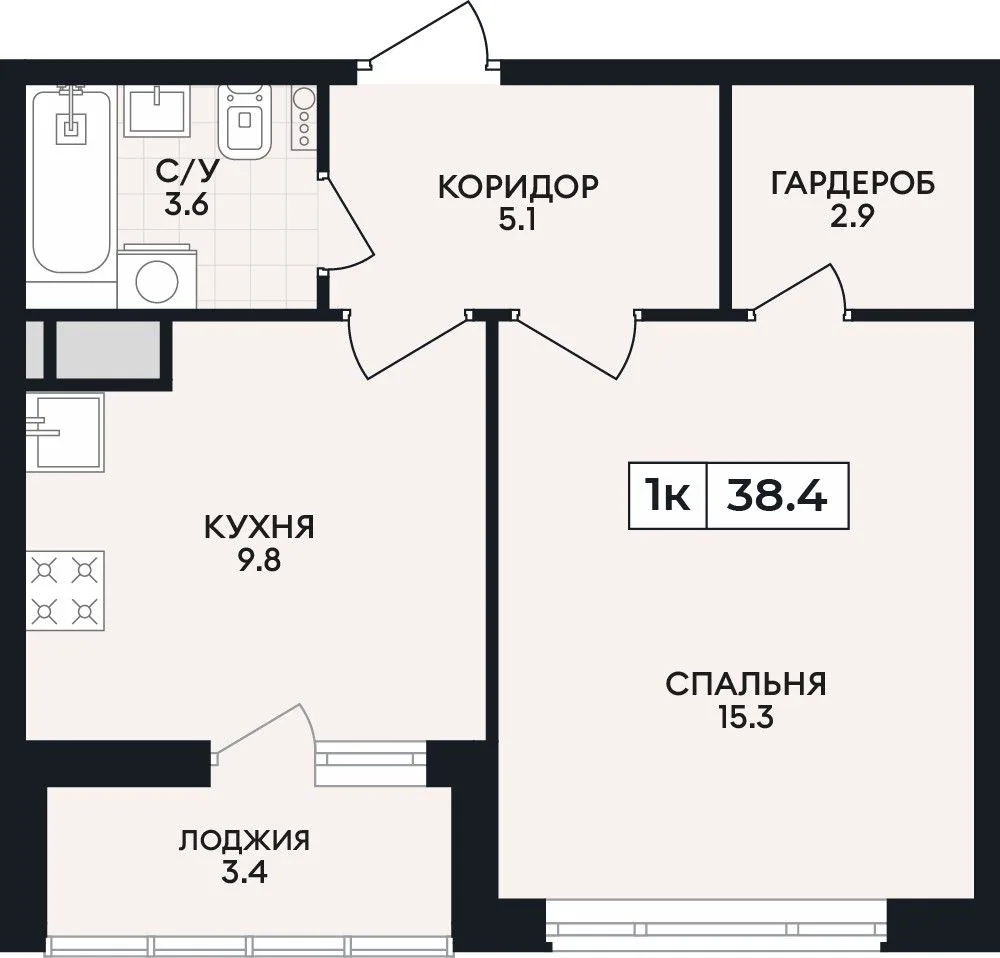 1-комнатная квартира, 38,4 м², 3/9 эт. в ЖК «Горизонт»