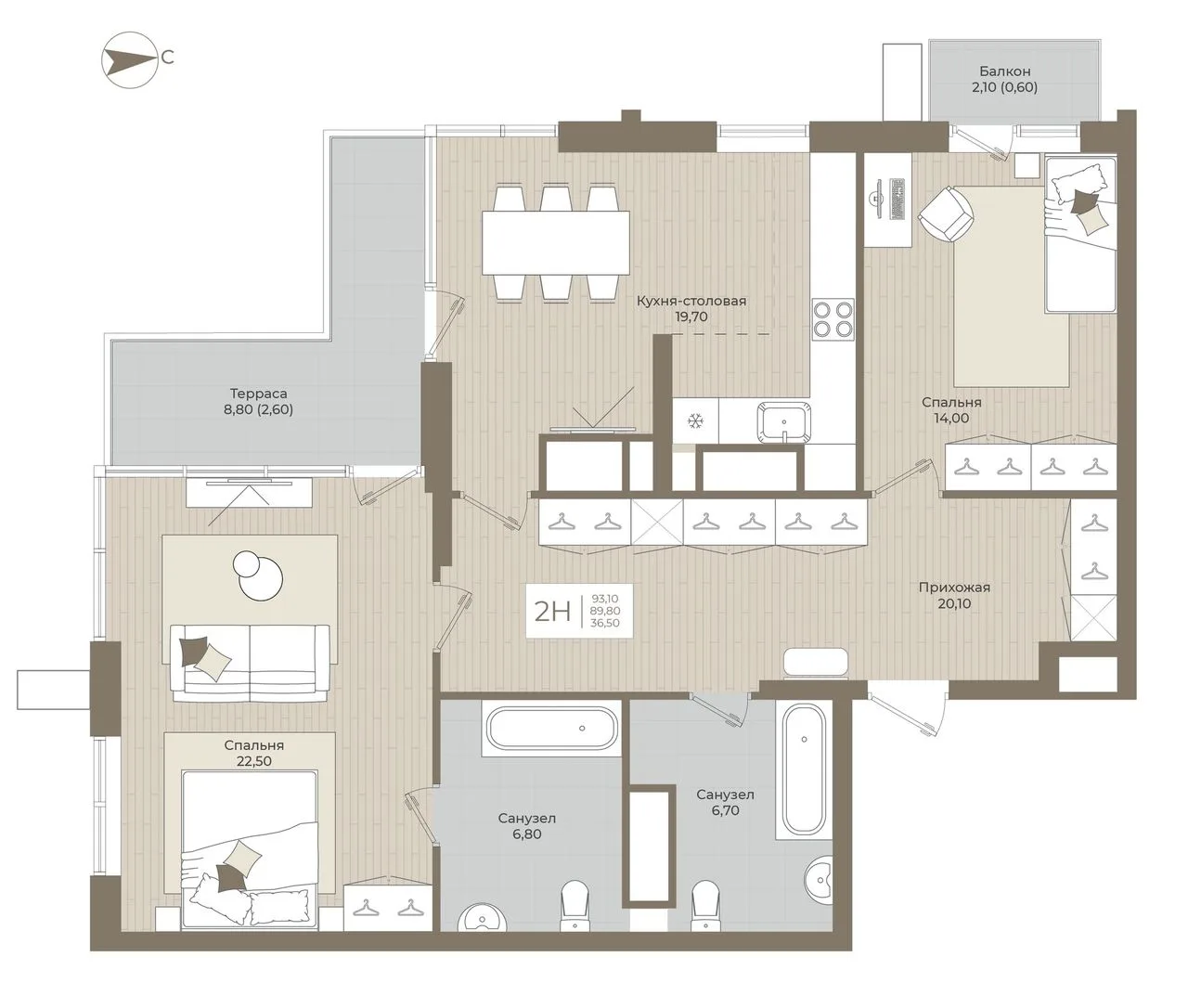 2-комнатная квартира, 93,1 м², 14/15 эт. в ЖК «АГАТ»