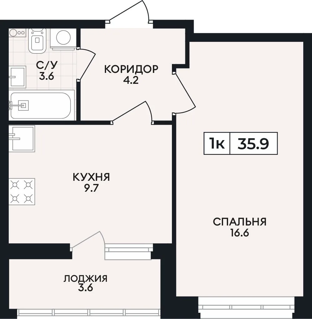 1-комнатная квартира, 35,9 м², 1/9 эт. в ЖК «Горизонт»