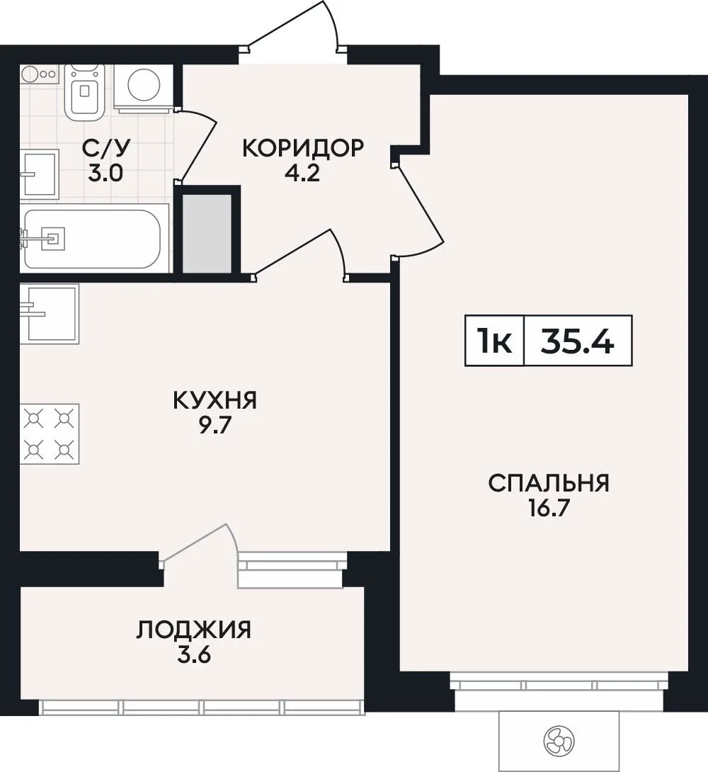 1-комнатная квартира, 35,4 м², 2/9 эт. в ЖК «Горизонт»
