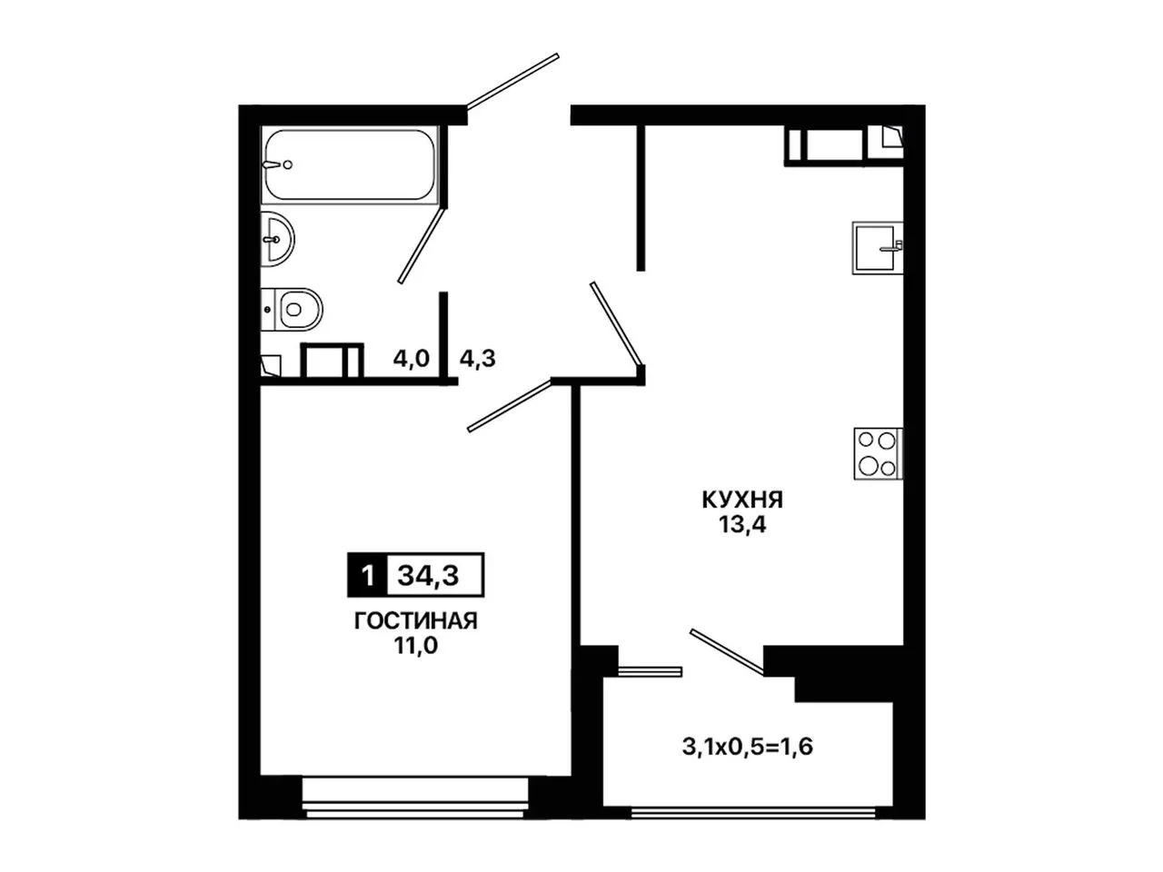 1-комнатная квартира, 34,3 м², 2/9 эт. в ЖК «Резиденция Селект»