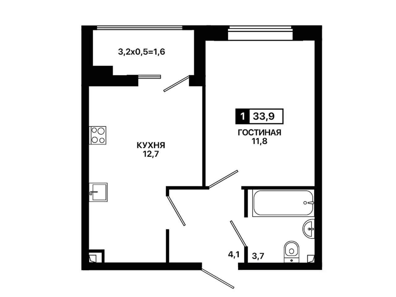 1-комнатная квартира, 33,9 м², 1/9 эт. в ЖК «Резиденция Селект»
