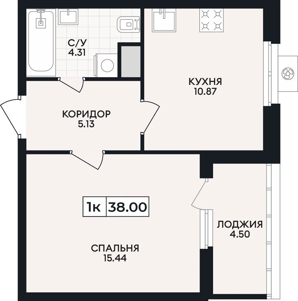 1-комнатная квартира, 38 м², 3/15 эт. в ЖК «Кипарис»