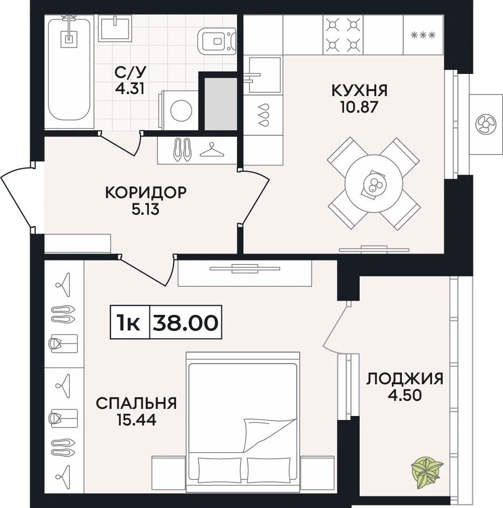 1-комнатная квартира, 38 м², 3/15 эт. в ЖК «Кипарис»
