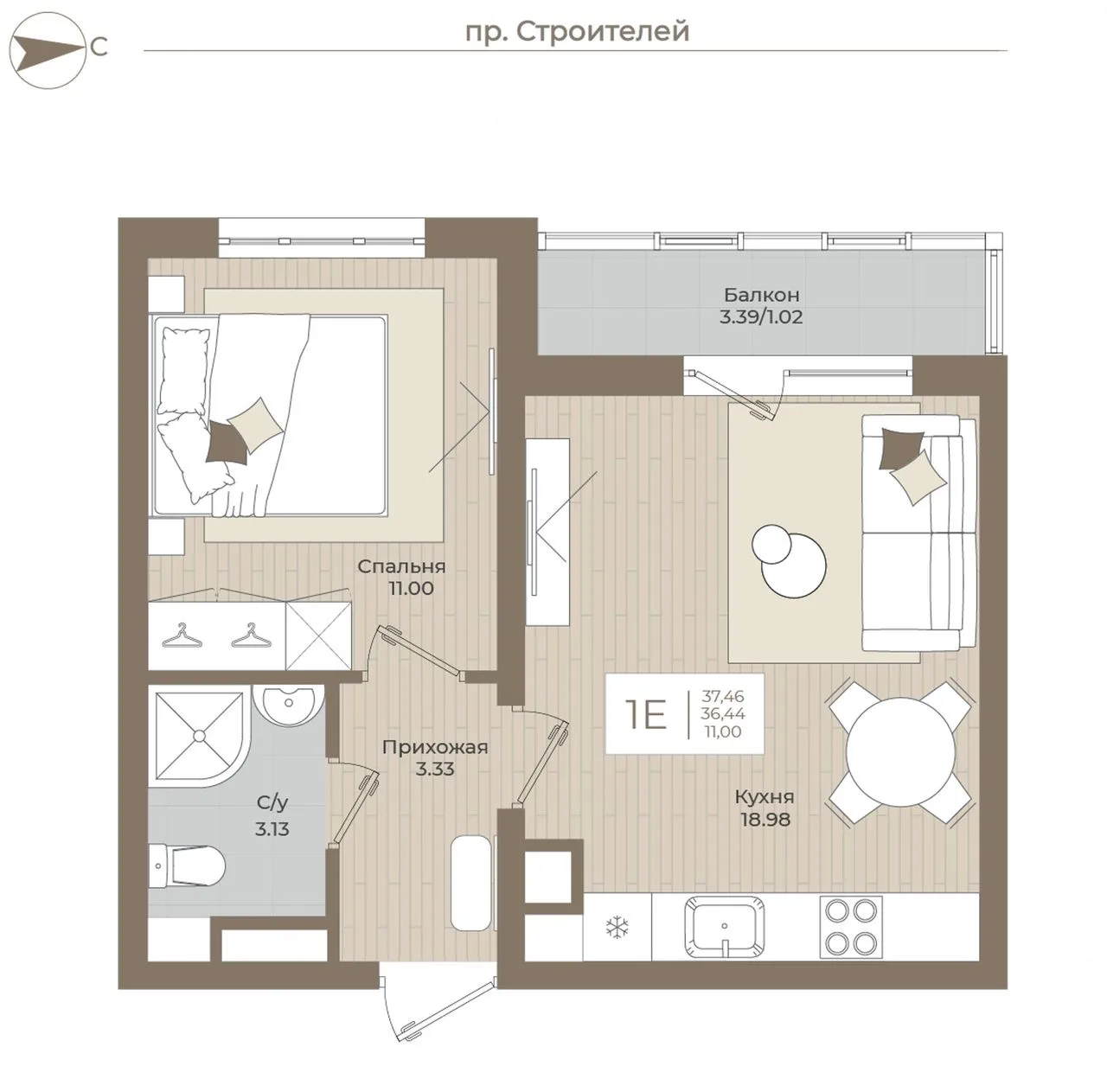 1-комнатная квартира, 37,46 м², 3/5 эт. в ЖК «АМЕТИСТ»