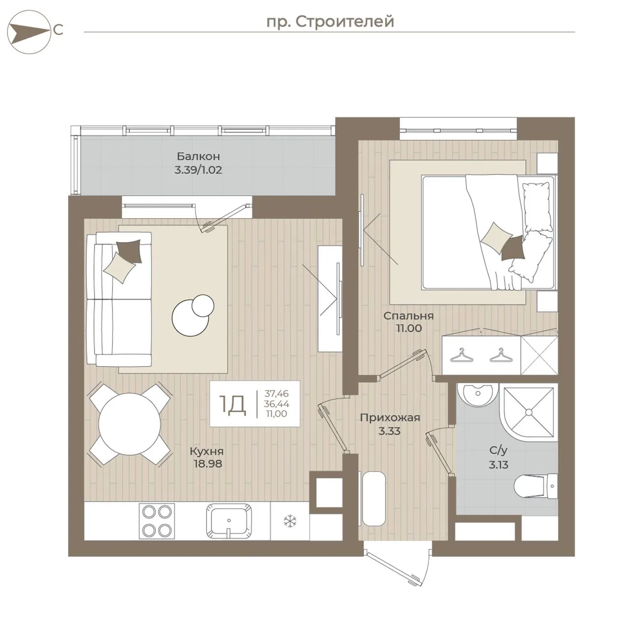 1-комнатная квартира, 37,46 м², 4/5 эт. в ЖК «АМЕТИСТ»