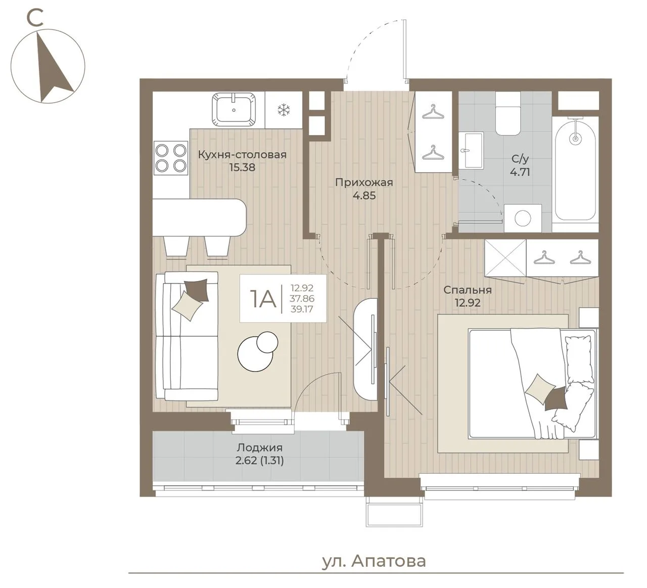 1-комнатная квартира, 39,17 м², 2/9 эт. в ЖК «ТОПАЗ»