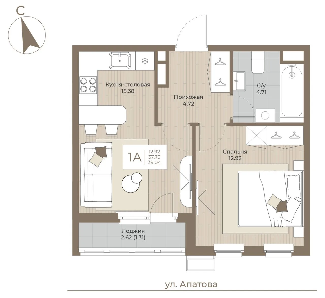 1-комнатная квартира, 39,04 м², 4/9 эт. в ЖК «ТОПАЗ»