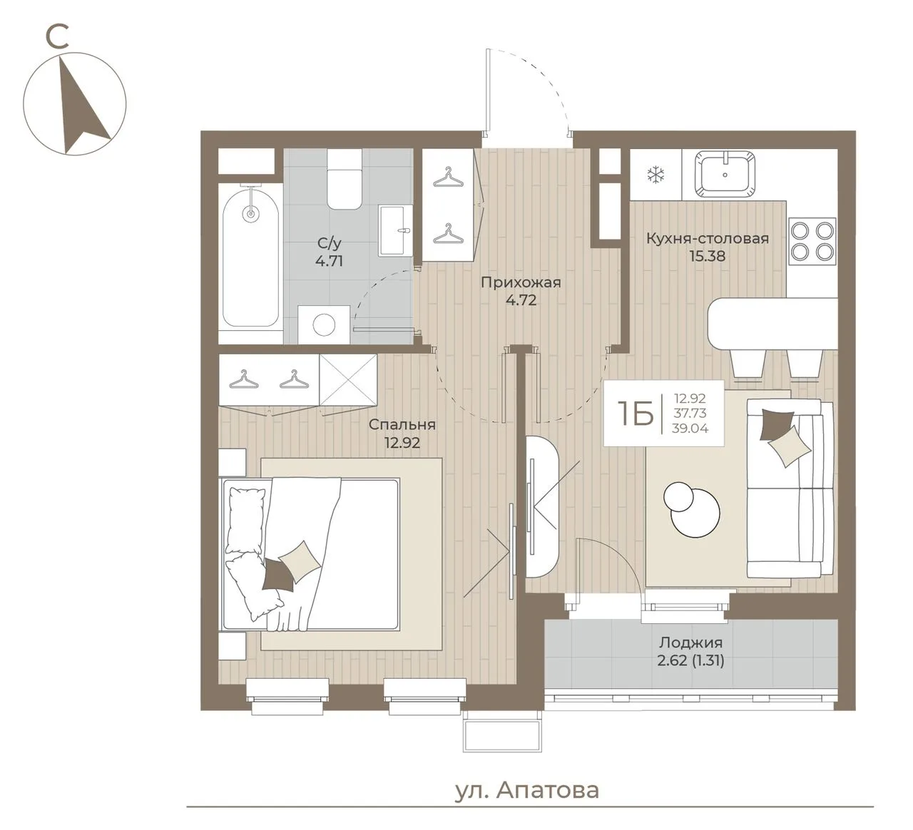 1-комнатная квартира, 39,04 м², 4/9 эт. в ЖК «ТОПАЗ»