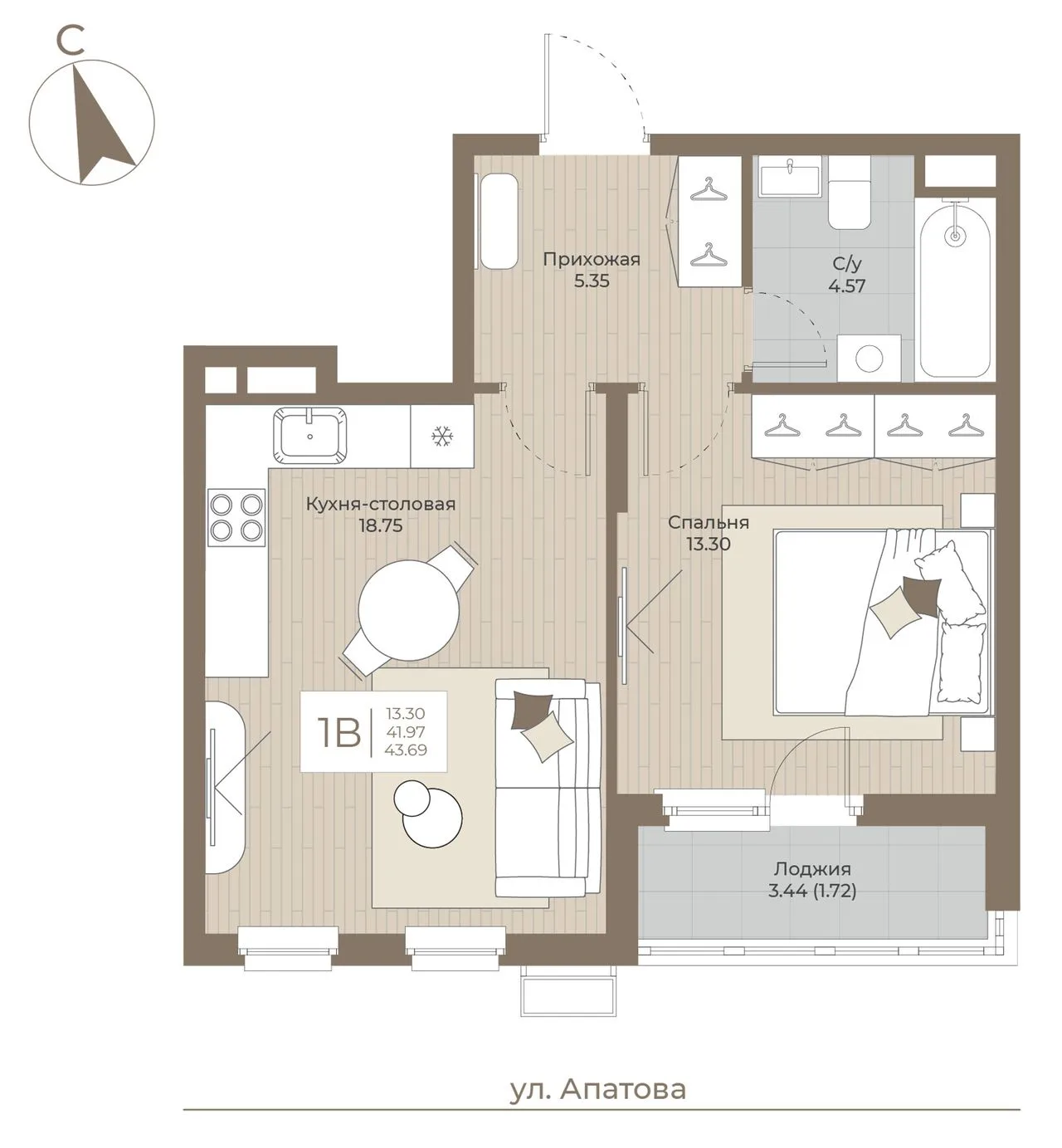 1-комнатная квартира, 43,69 м², 5/9 эт. в ЖК «ТОПАЗ»