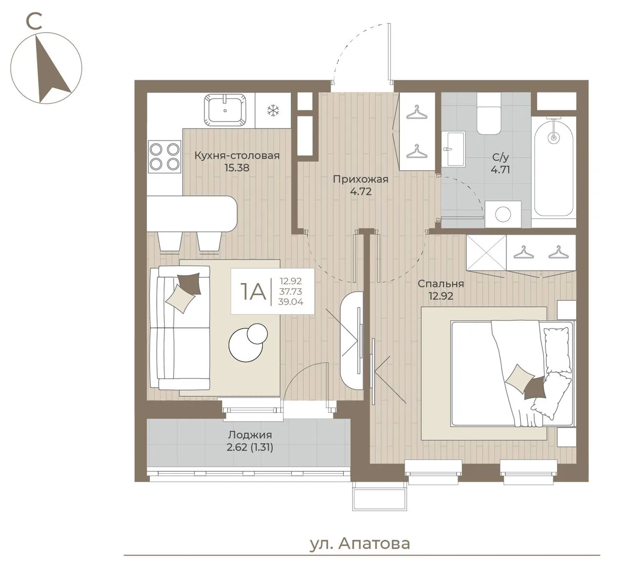 1-комнатная квартира, 39,04 м², 4/9 эт. в ЖК «ТОПАЗ»