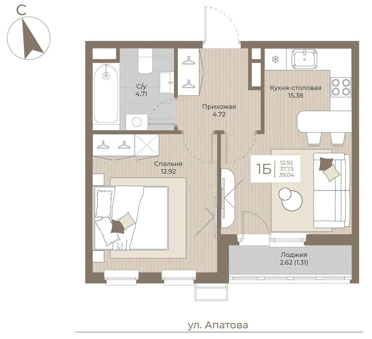 1-комнатная квартира, 39,04 м², 5/9 эт. в ЖК «ТОПАЗ»