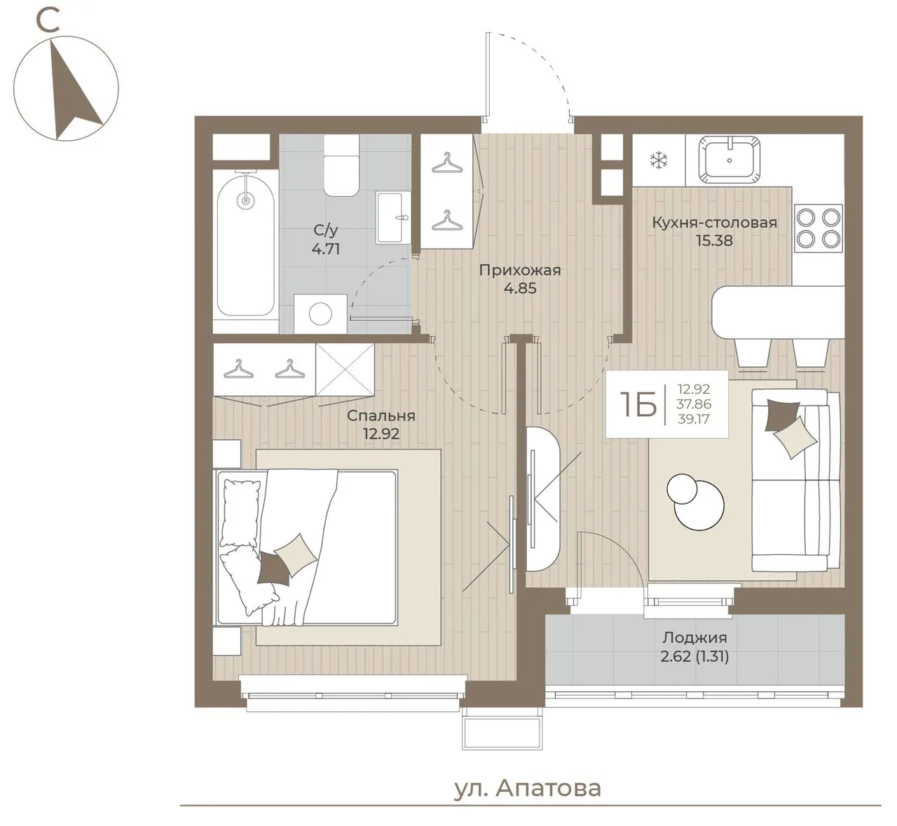 1-комнатная квартира, 39,17 м², 2/9 эт. в ЖК «ТОПАЗ»
