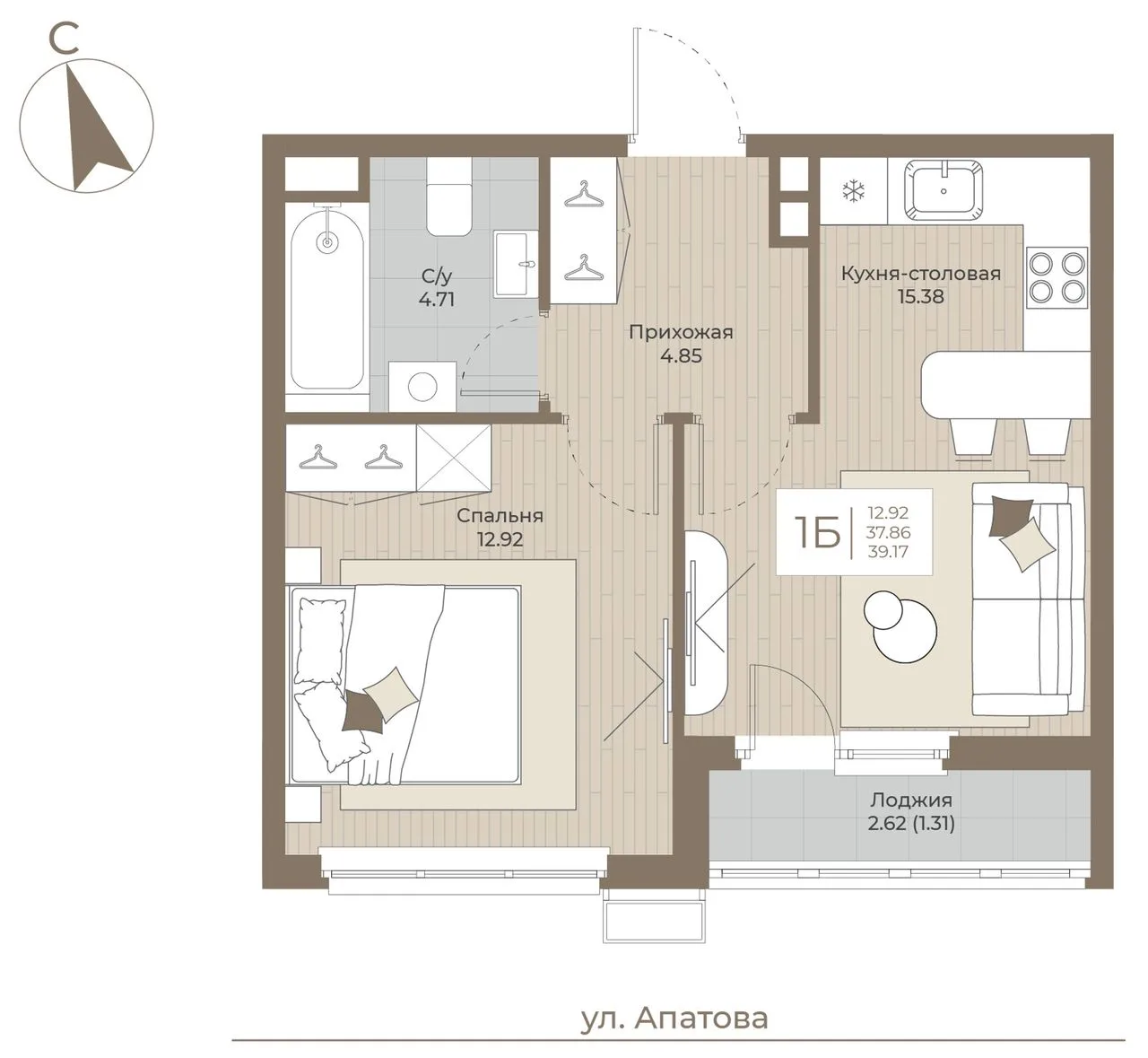 1-комнатная квартира, 39,17 м², 2/9 эт. в ЖК «ТОПАЗ»