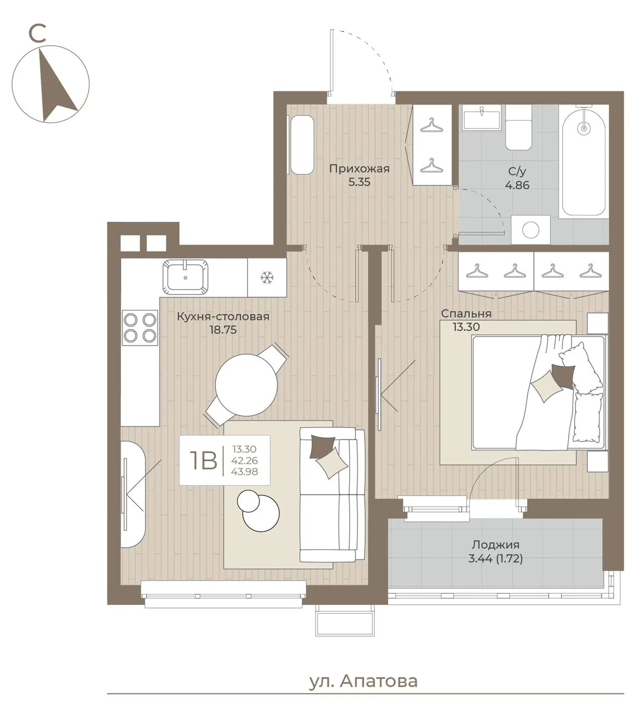 1-комнатная квартира, 43,98 м², 2/9 эт. в ЖК «ТОПАЗ»