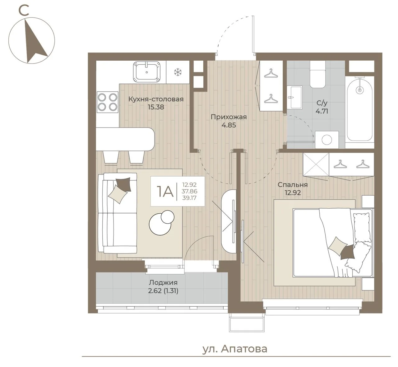 1-комнатная квартира, 39,17 м², 2/9 эт. в ЖК «ТОПАЗ»