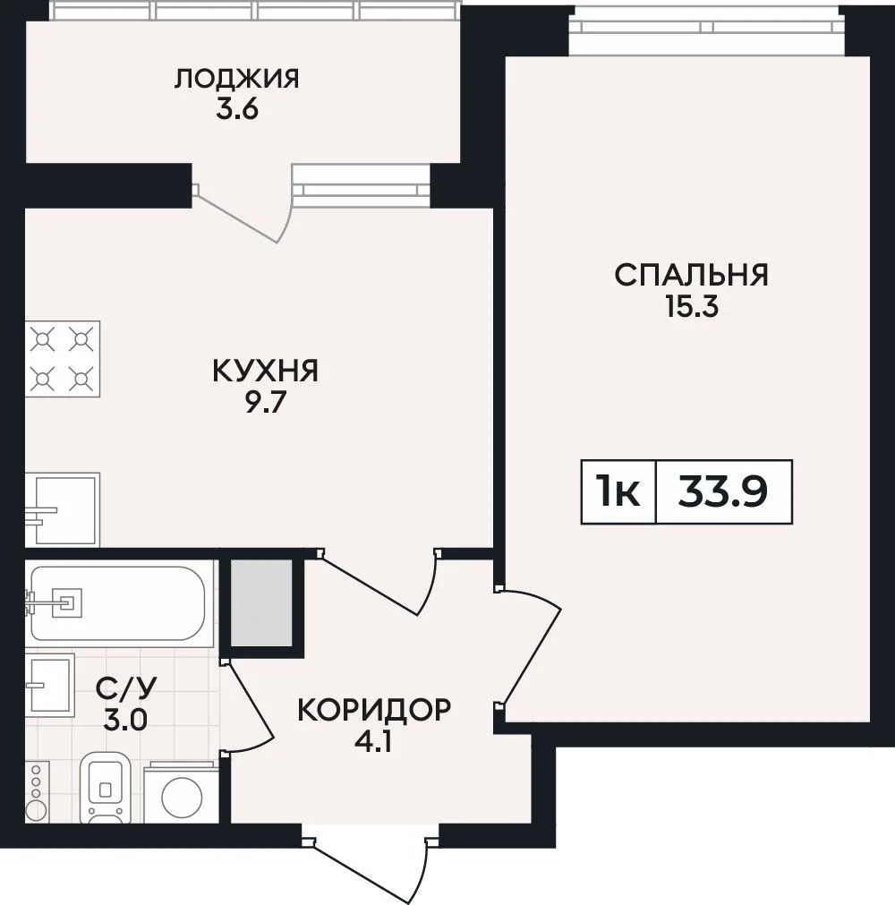 1-комнатная квартира, 33,9 м², 3/9 эт. в ЖК «Горизонт»