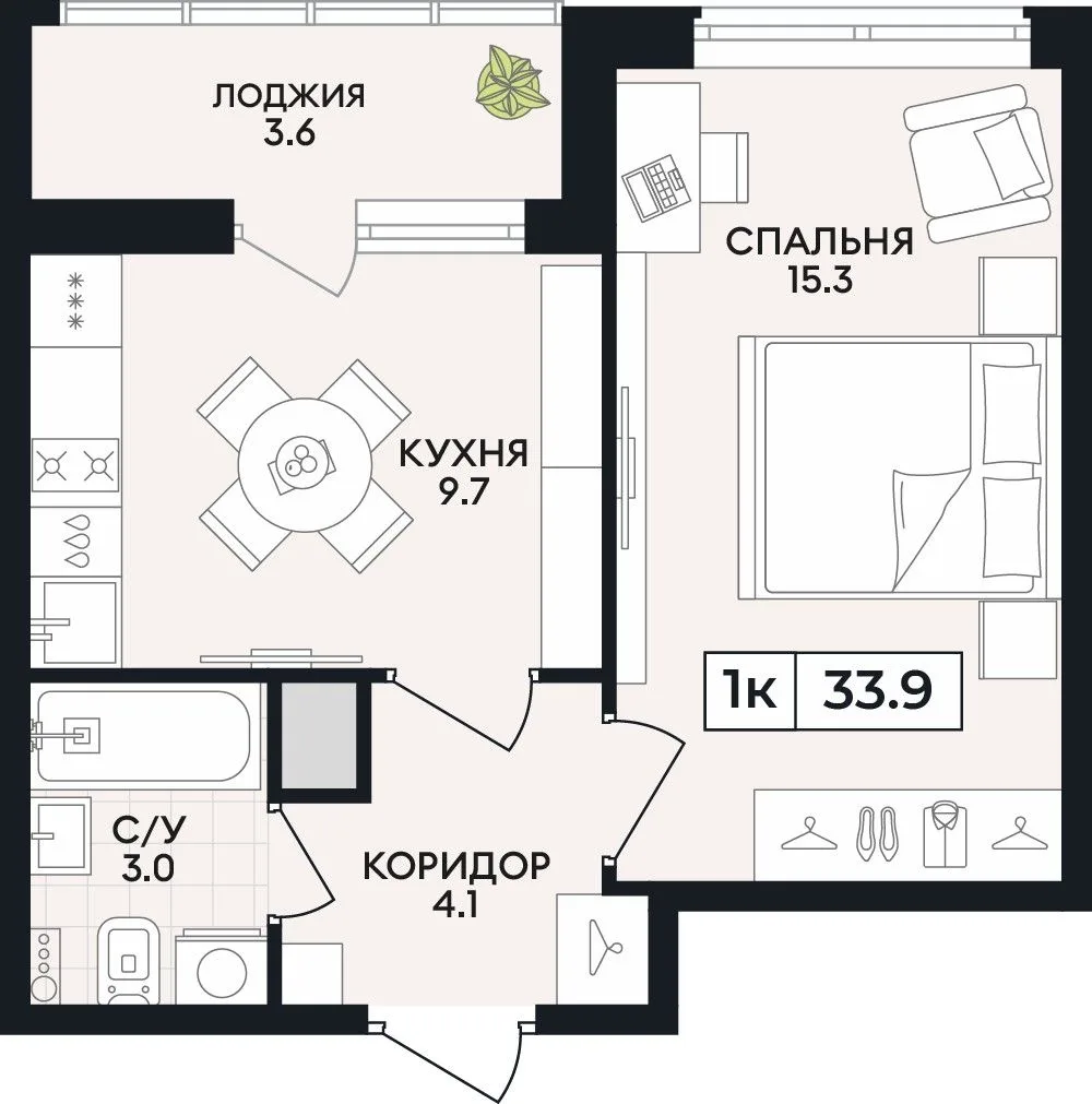1-комнатная квартира, 33,9 м², 3/9 эт. в ЖК «Горизонт»